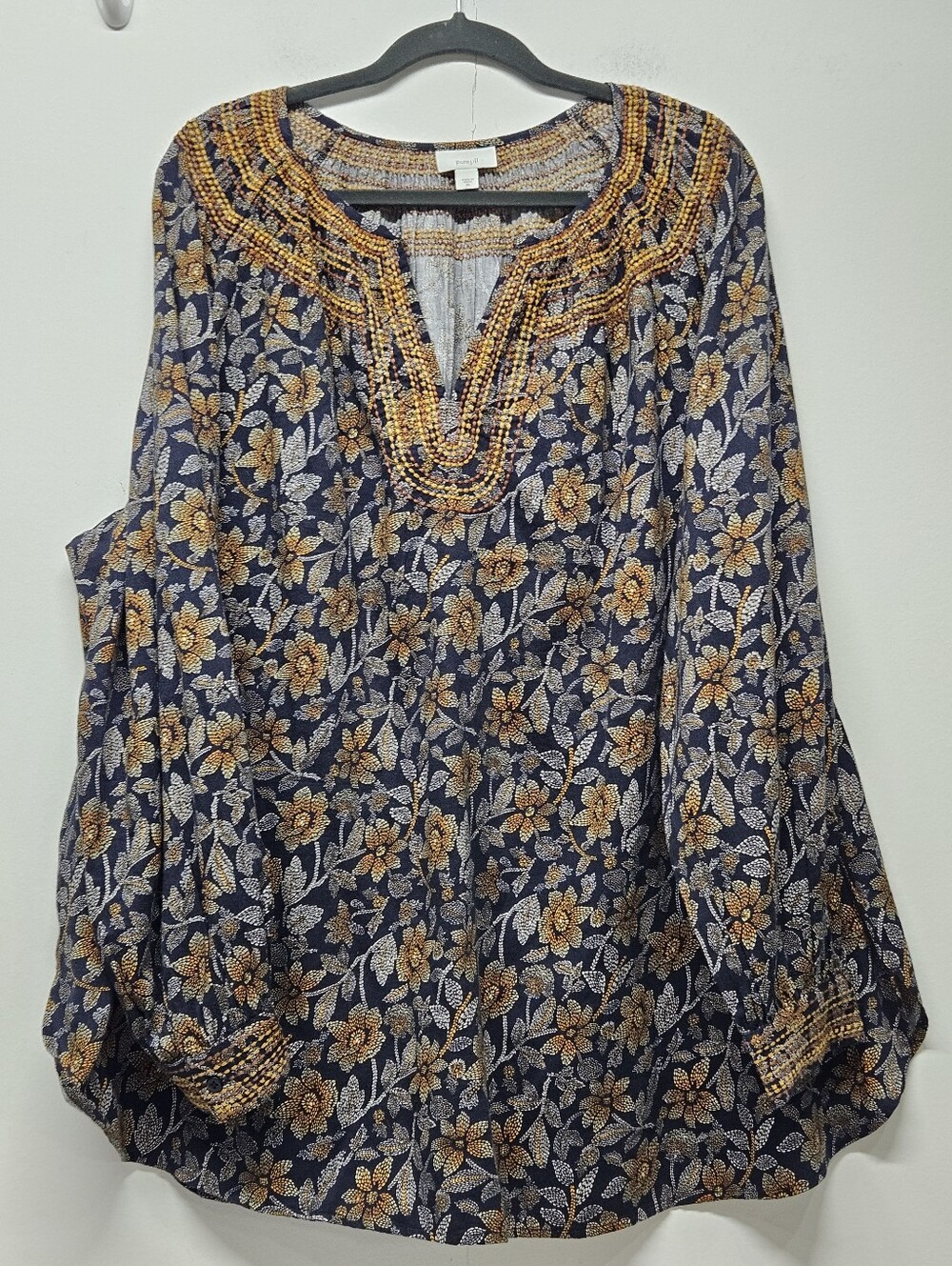 Pure Jill Womens Tunic Plus Size 3X Boho Peasant Blouse Navy Gold Cottagecore